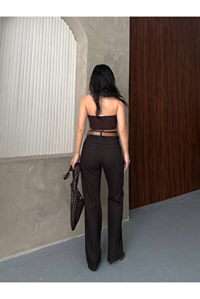 Nisa Luxury Boutique Women's High Waist Waterway Stone Printed Trousers – Comfortable Fit Stylish Casual Model / Brown