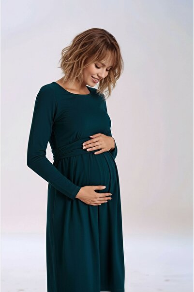 MAMAYAGA Women's Crew Neck Suitable for Hijab Long Sleeve Viscose Stylish Maternity Dress with Hidden Nursing Section