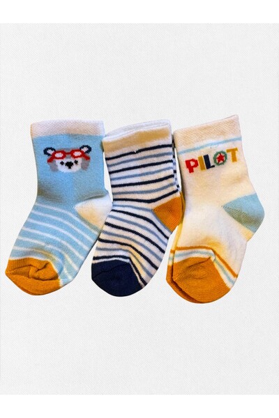 Fil Kids Erkek Bebek Kışlık Çorap Pamuklu Kumaş 3'Lü Lacivert Beyaz Ayıcık De...