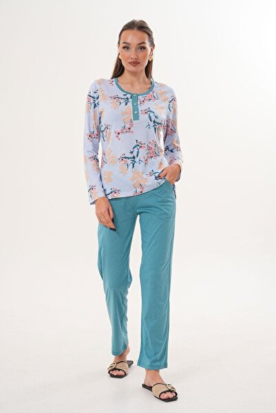 Çift Kaplan Kadın Pamuk Modal Çiçekli Açık Patlı Mavi Pijama Takımı 7001