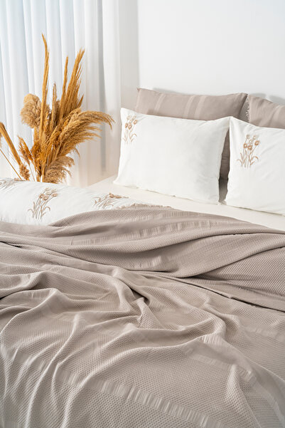 Rivaİstanbul Amara Mink Embroidered Double Size 100% Cotton Duvet Cover Set - 7 Piece Dowry Set