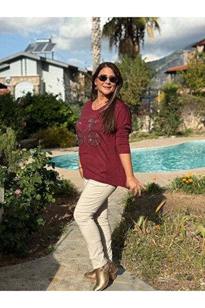 Punta Otantik Yg1095 V-Neck Bicycle Printed Italian Knitwear Blouse Burgundy