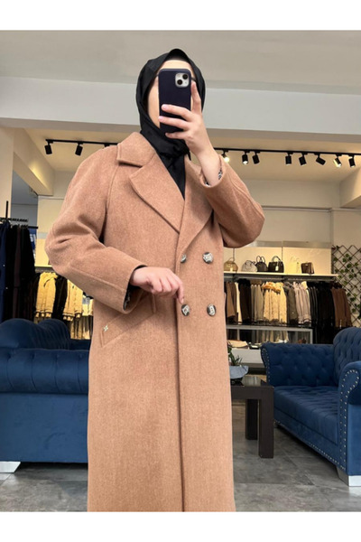 Zühre Women's Double-Breasted Collar Pocket Detailed Cashmere Brown Coat 13300