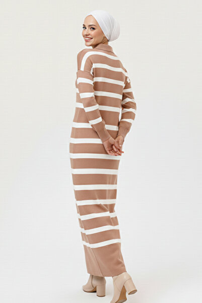 benguen Ριγέ πλεκτό φόρεμα με λεπτομέρεια με κουμπιά στο λαιμό 11031-1 Mink