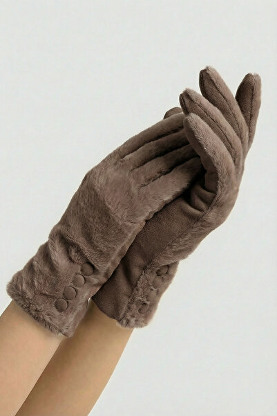 robanu Women's Mink Plush Detailed Suede Touchscreen Compatible Winter Gloves