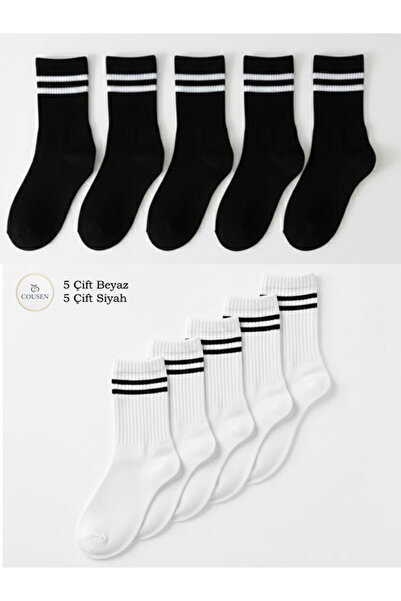 Cousen 5 Çift Siyah 5 Çift Beyaz Unisex Kolej Çorap Rahat Pamuklu