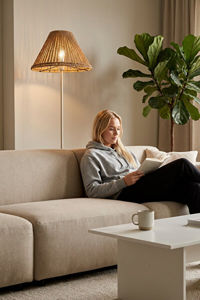 Marrien Mono Krem Metal Ayaklı Doğal İp Başlıklı Lambader - 145cm Bohem Rustik Salon ve Köşe Aydınlatması