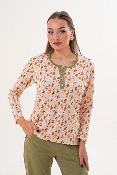 Çift Kaplan Kadın Pamuk Zeytin Dalı Desenli Açık Patlı Yeşil Pijama Takımı 7030