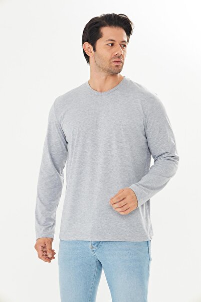TRENDHİLL Men's Cotton V-Neck Long Sleeve T-Shirt Gray Melange 5021-g