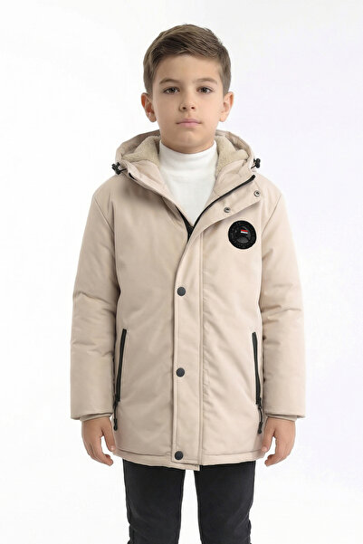 QAWWA Erkek Bej Çocuk Kapüşonlu Rüzgar Geçirmez Kışlık Mont & Kaban & Parka