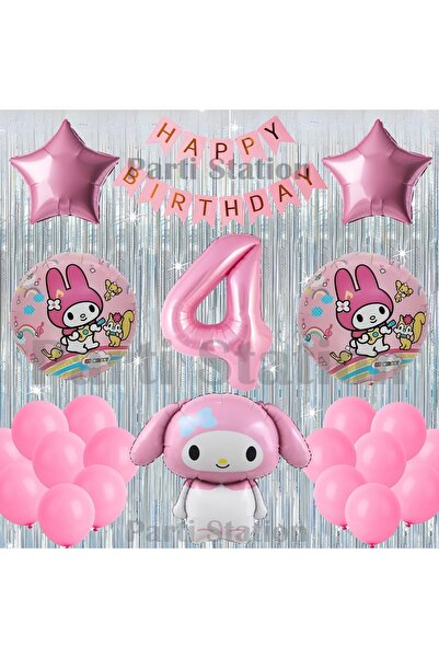 Parti Station Kuromi My Melody Concept 4Th Birthday Balloon Set with Curtain ...