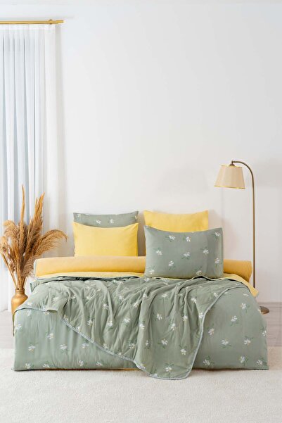 Rivaİstanbul Green Daisy Double Duvet Cover Pique Set - 7 Piece Dowry Set