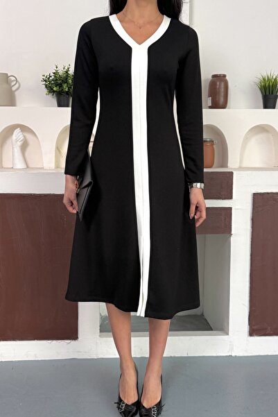 Ded COLLECTION Women's V-Neck White Striped Front Slit Detailed Black Long Sleeve Dress