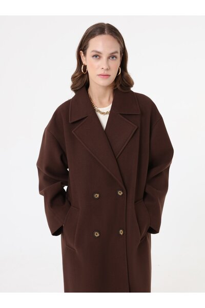 Refka Double-Breasted Off-Shoulder Long Basic Coat with Closure Detail - Brown -