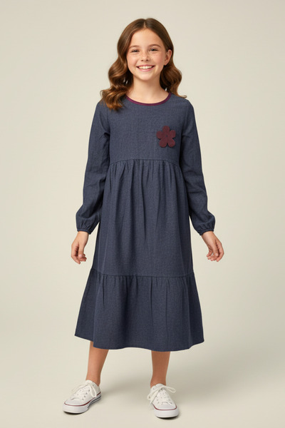 Angel&Co. Girls Clothing Lacivert Mevsimlik Kız Çocuk Midi Elbise
