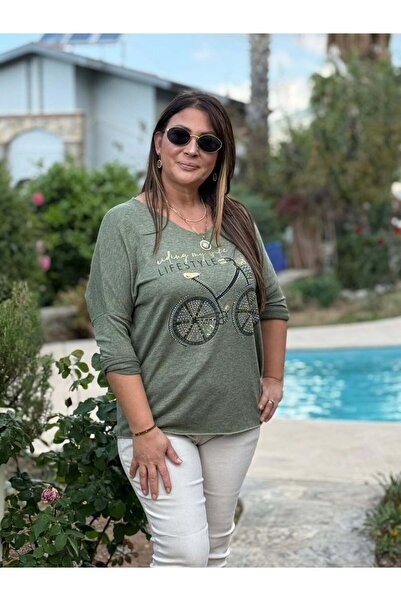 Punta Otantik Yg1095 V-Neck Bicycle Printed Italian Knitwear Blouse Khaki