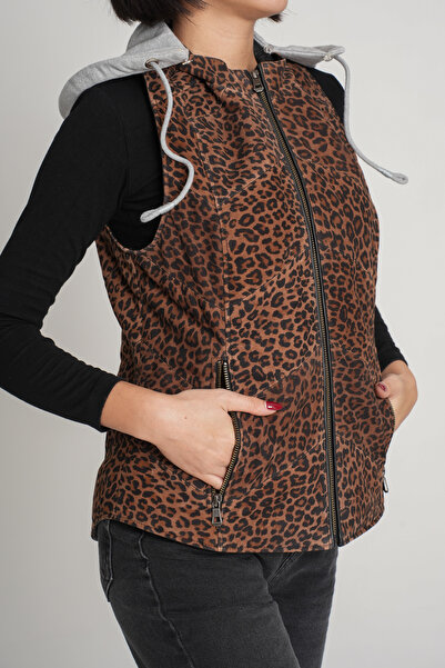 Tasarım Carmen Kadın Kahverengi Leopar Hakiki Deri Kapüşonlu Yelek