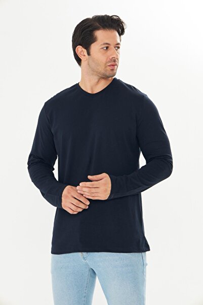 TRENDHİLL Men's Cotton V-Neck Long Sleeve T-Shirt Navy Blue 5021-L