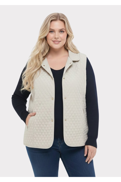 LİLAS XXL Büyük Beden Polo Yaka Bej Renkli Kapitone Yelek