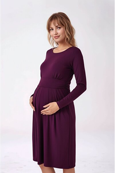 MAMAYAGA فستان أنيق للحوامل من الفيسكوز بأكمام طويلة ورقبة دائرية مناسب للحجاب مع قسم مخفي للرضاعة