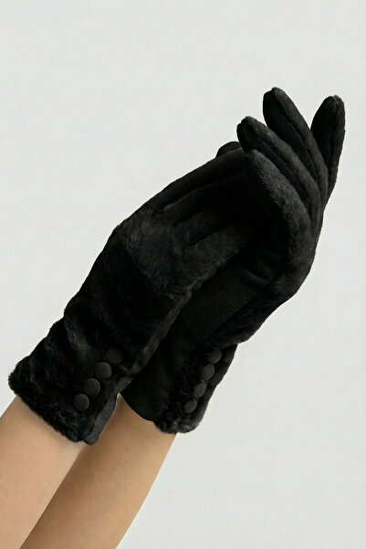 robanu Women's Black Plush Detailed Suede Touch Screen Compatible Winter Gloves
