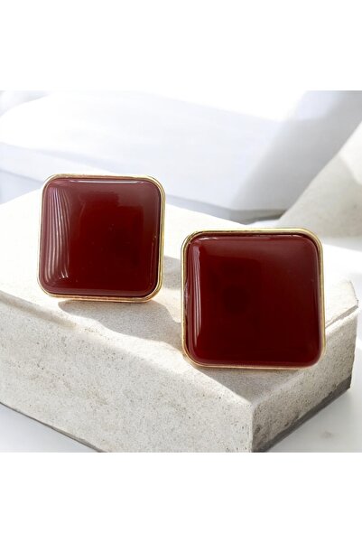 ALS Tasarım Dünyası Burgundy Steel Square Edged Gold Vintage Earrings Width:3...