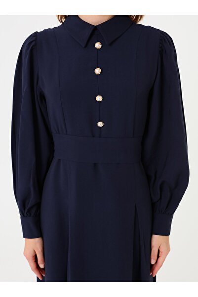 Benin Φόρεμα Hijab με χρυσό κουμπί, λεπτομερή μανίκια με φουσκωτά μανίκια και ζώνη - Μπλε ναυτικό -