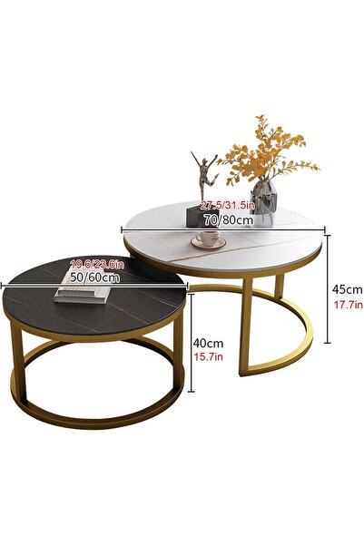 Miskat Trading Modern Nesting Coffee Table Set of 2 - Round Marble-Texture Slate Tops, Steel Frame