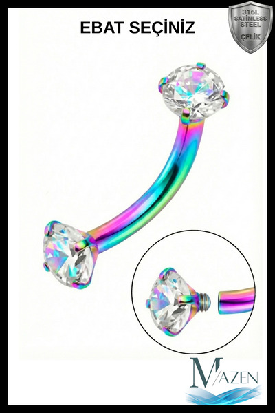 MAZEN Hologramlı Gökkuşağı (Rainbow) Renk Çift Zirkon Taşlı Tırnaklı Kaş Pier...