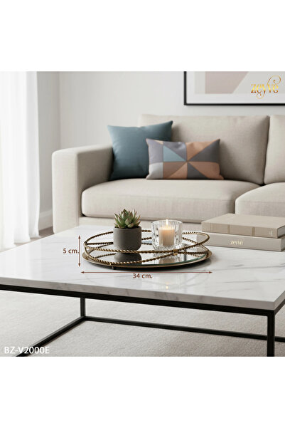 Hinora Burgu Model Mirrored Stylish Decorative Round Tray 34X34X5Cm