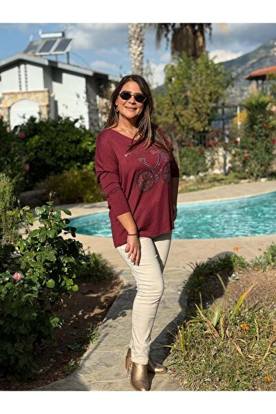 Punta Otantik Yg1095 V-Neck Bicycle Printed Italian Knitwear Blouse Burgundy