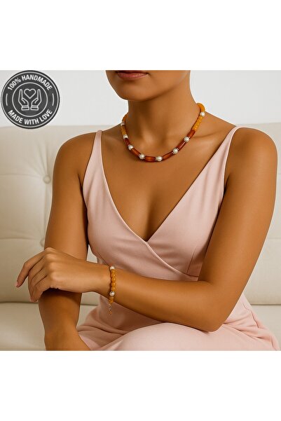 Asteria Elite Pearl Orange Agate Natural Stone Premium Set for Evil Eye Protection and Elegance