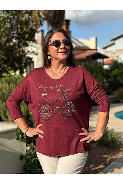 Punta Otantik Yg1095 V-Neck Bicycle Printed Italian Knitwear Blouse Burgundy