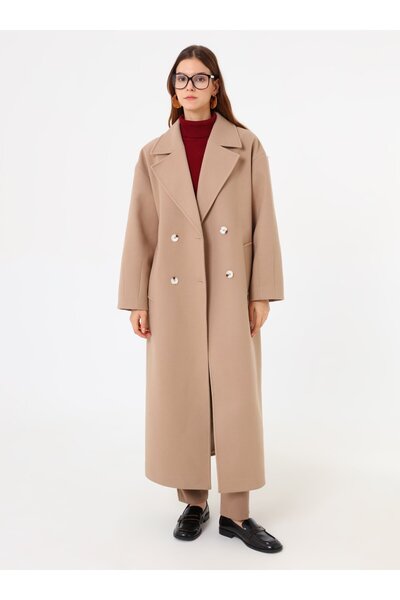 Refka Double-Breasted Off-Shoulder Long Basic Coat with Closure Detail - Beige -