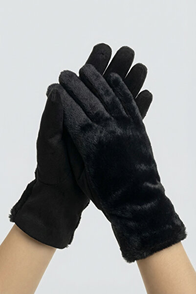 robanu Women's Black Plush Detailed Suede Touch Screen Compatible Winter Gloves