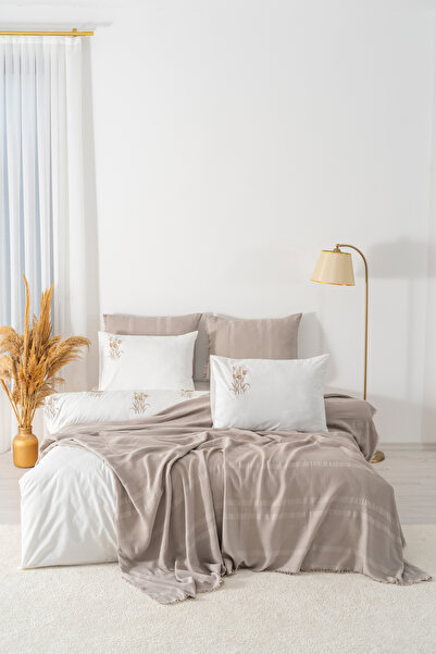 Rivaİstanbul Amara Mink Embroidered Double Size 100% Cotton Duvet Cover Set - 7 Piece Dowry Set