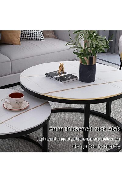 Miskat Trading Modern Nesting Coffee Table Set of 2 - Round Marble-Texture Slate Tops, Steel Frame