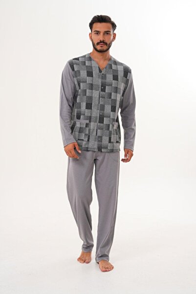 Çift Kaplan Erkek Çilli Desen Önden Düğmeli Gri Pijama Takımı 8032