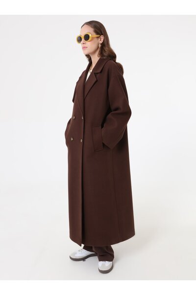 Refka Double-Breasted Off-Shoulder Long Basic Coat with Closure Detail - Brown -