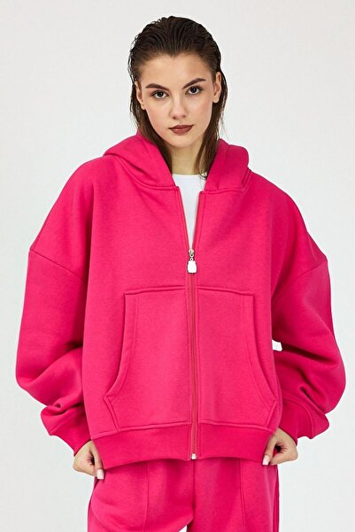 gothamvibes سويت شيرت نسائي من Chill قصة فضفاضة بسحاب باللون الفوشيا