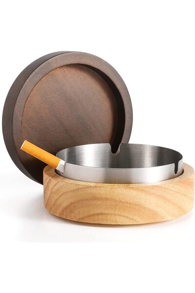 Generic DDAJJAJ Windproof Wooden Ashtray with Stainless Steel Liner and Lid