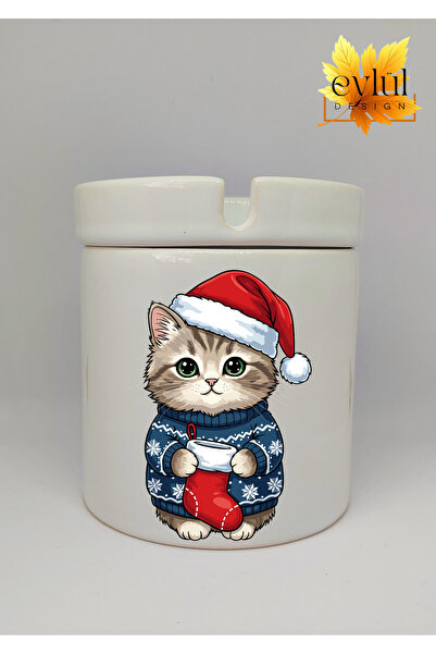 Eylül Design قطة لطيفة مع قبعة رأس السنة الجديدة مطبوع، منفضة سجائر سيراميكية...
