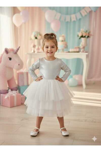 penu baby kids Rochie pentru fetiță, ecru, cu 3 straturi, cu fustă din tul, din țesătură din jerseu strălucitor, căptușită, cu mâneci lungi