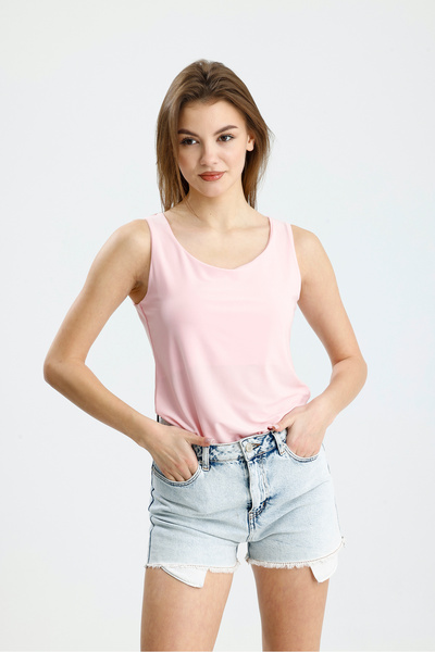 schlank Women's Pink Plain Zero Sleeve Pool Collar Sandy Fabric Blouse