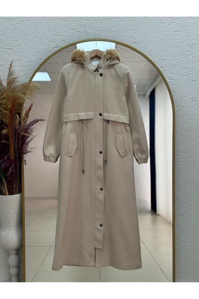 BENAHOLL Camilia Beli Tünelli Hooded Fur Full Length Coat-Zş4712 Stone