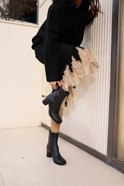 ANGELİNA JONES Jorvi̇k Women's Black Genuine Leather Zippered Heel Boots