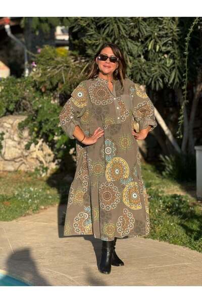 Punta Otantik Yg12573 Mandala Pattern Italian Velvet Dress Khaki