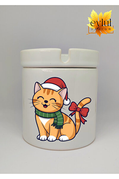 Eylül Design قطة لطيفة مع قبعة رأس السنة الجديدة مطبوع، منفضة سجائر سيراميكية غير معطرة