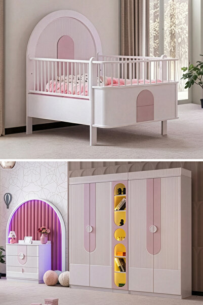 Setay Venüs Çocuk Odası Takımı, Venüs Büyüyen Beşik, Vira 4 Kapaklı Kitaplıklı Dolap, Şifonyer - Pembe