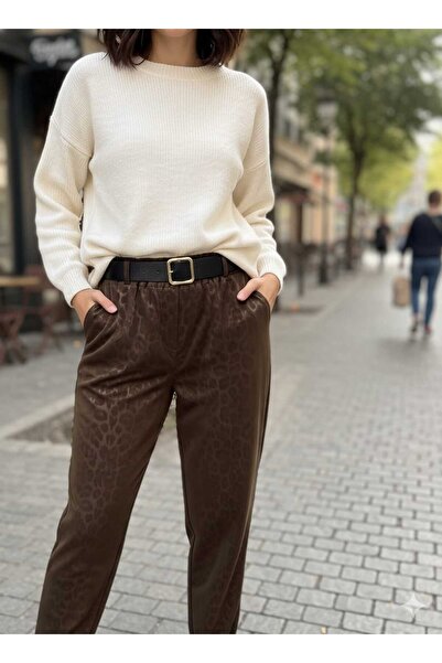 Punta Otantik Nc242976 Italian Leopard Print Leather Trousers Camel